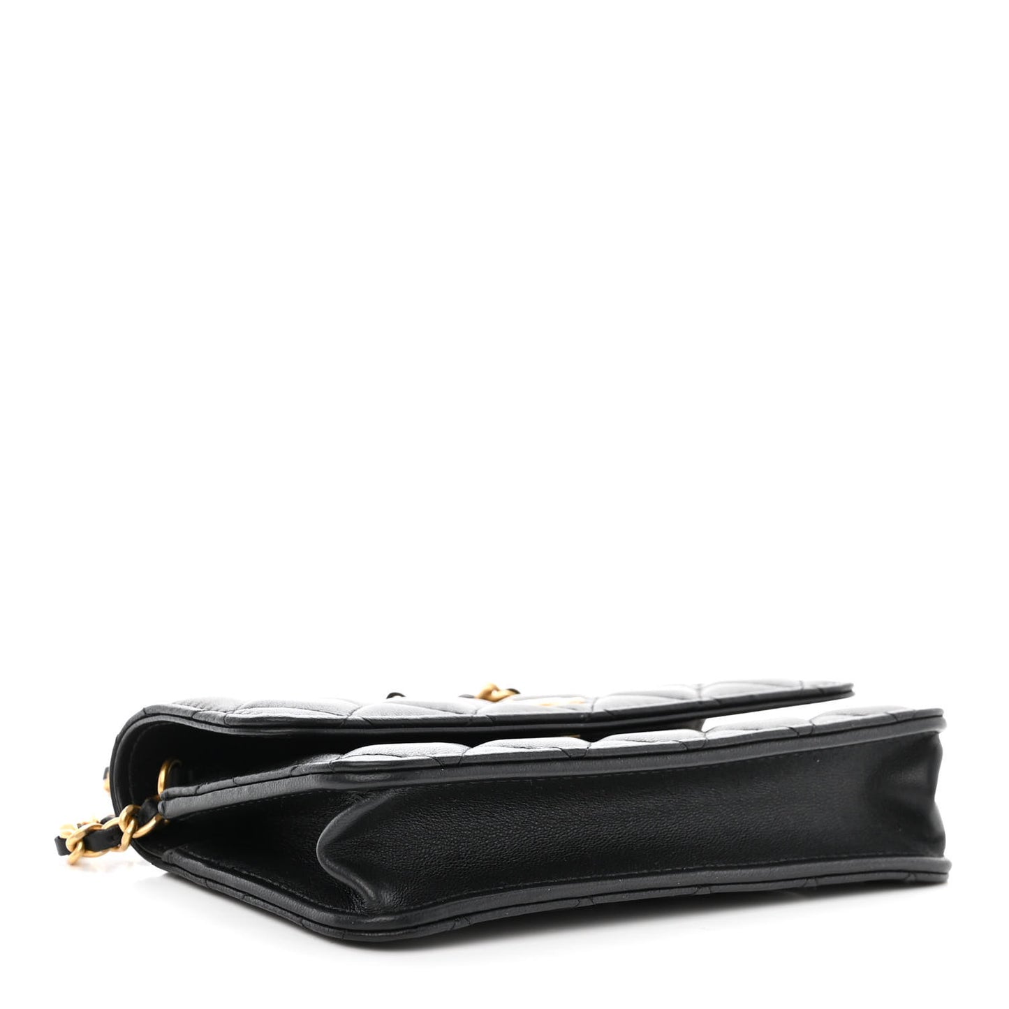 Lambskin Pearl Crush Quilted Flap Phone Holder With Chain Black