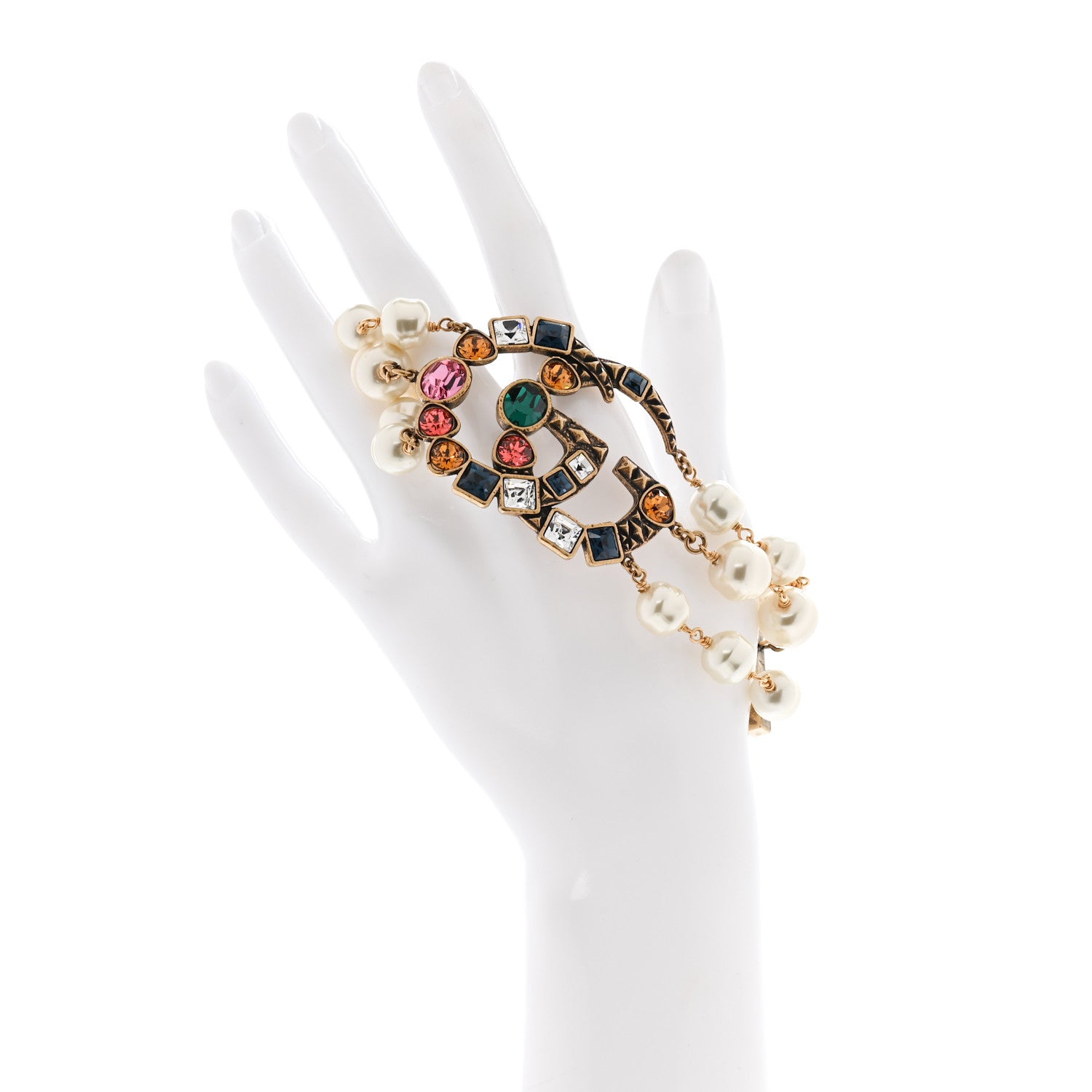 Gucci Metal Crystal Pearl Double G Bracelet Aged Gold Multicolor 2 of 5