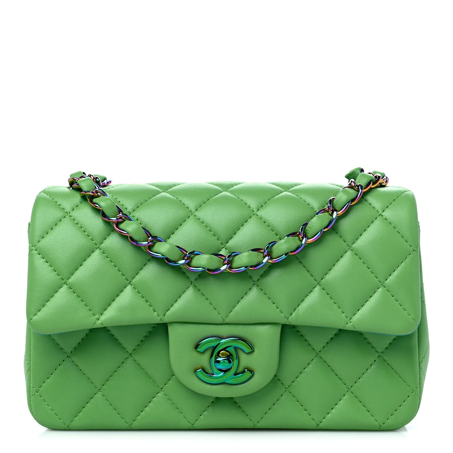 Lambskin Quilted Mini Rectangular Flap Green Blue