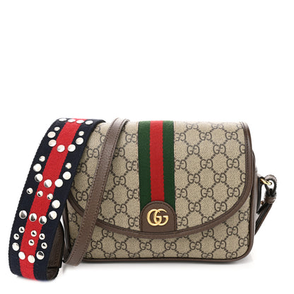 Gucci GG Supreme Monogram Textured Dollar Calfskin Web Studded Mini Ophidia Flap Shoulder Bag Beige Ebony New Acero 1 of 10