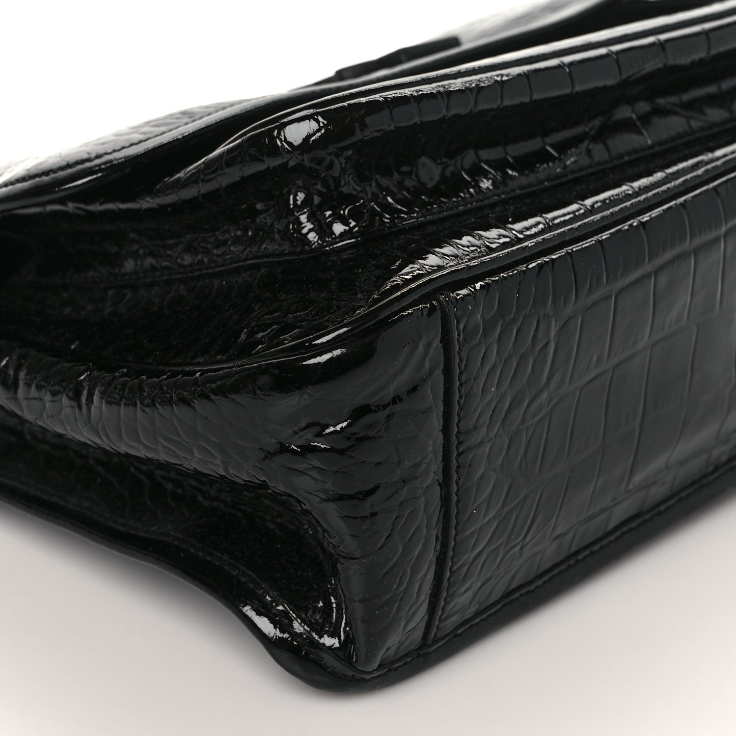Patent Crocodile Embossed Lambskin Monogram Medium Niki Chain Satchel Black