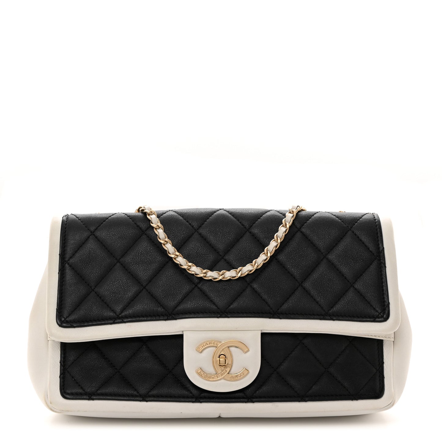Calfskin Quilted Medium Graphic Flap Black White