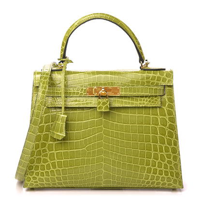 Hermes Shiny Niloticus Crocodile Kelly Sellier 28 Vert Anis 1 of 11