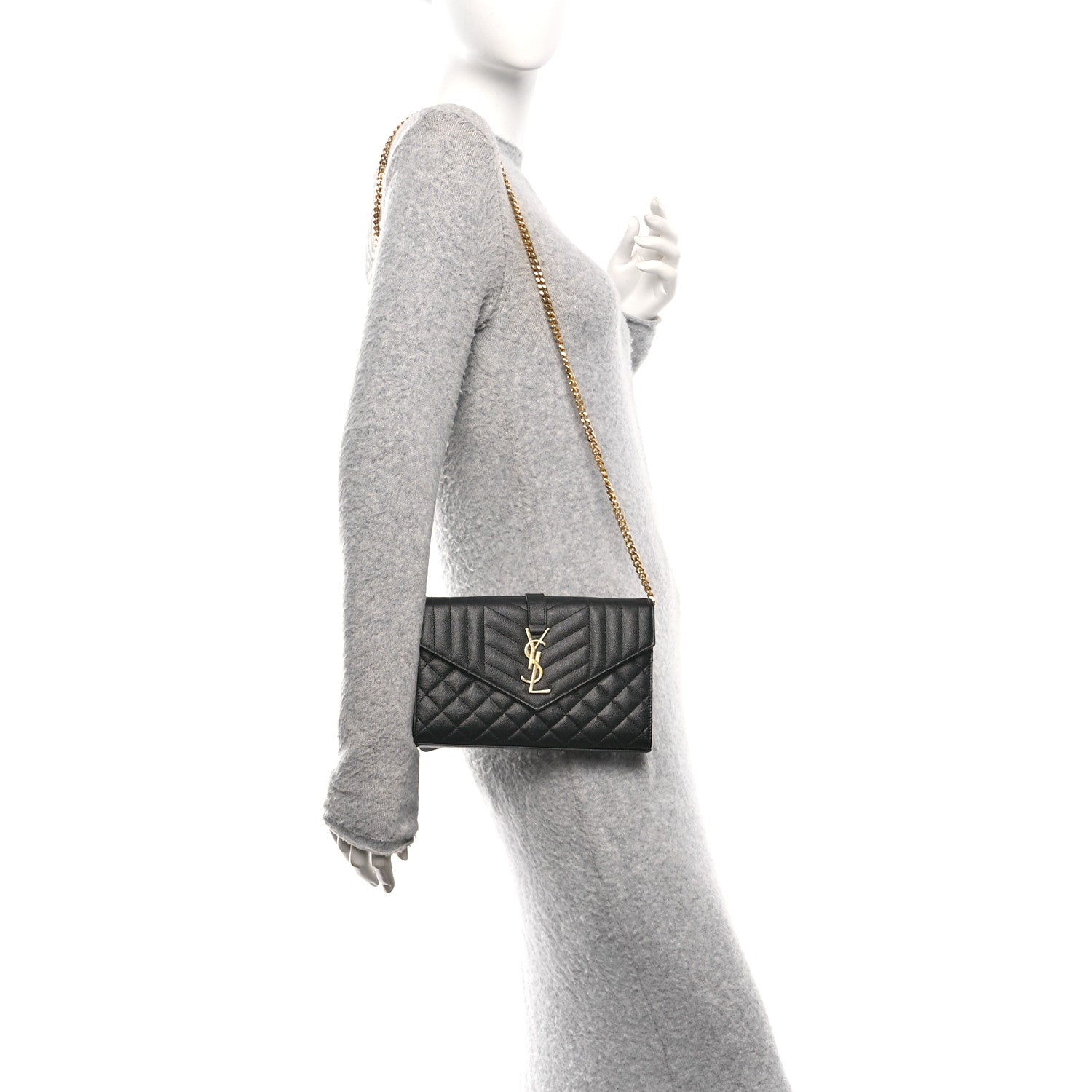 Saint Laurent Grain De Poudre Mixed Matelasse Triquilt Monogram Chain Wallet Black 2 of 11