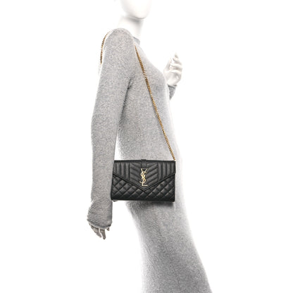 Saint Laurent Grain De Poudre Mixed Matelasse Triquilt Monogram Chain Wallet Black 2 of 11