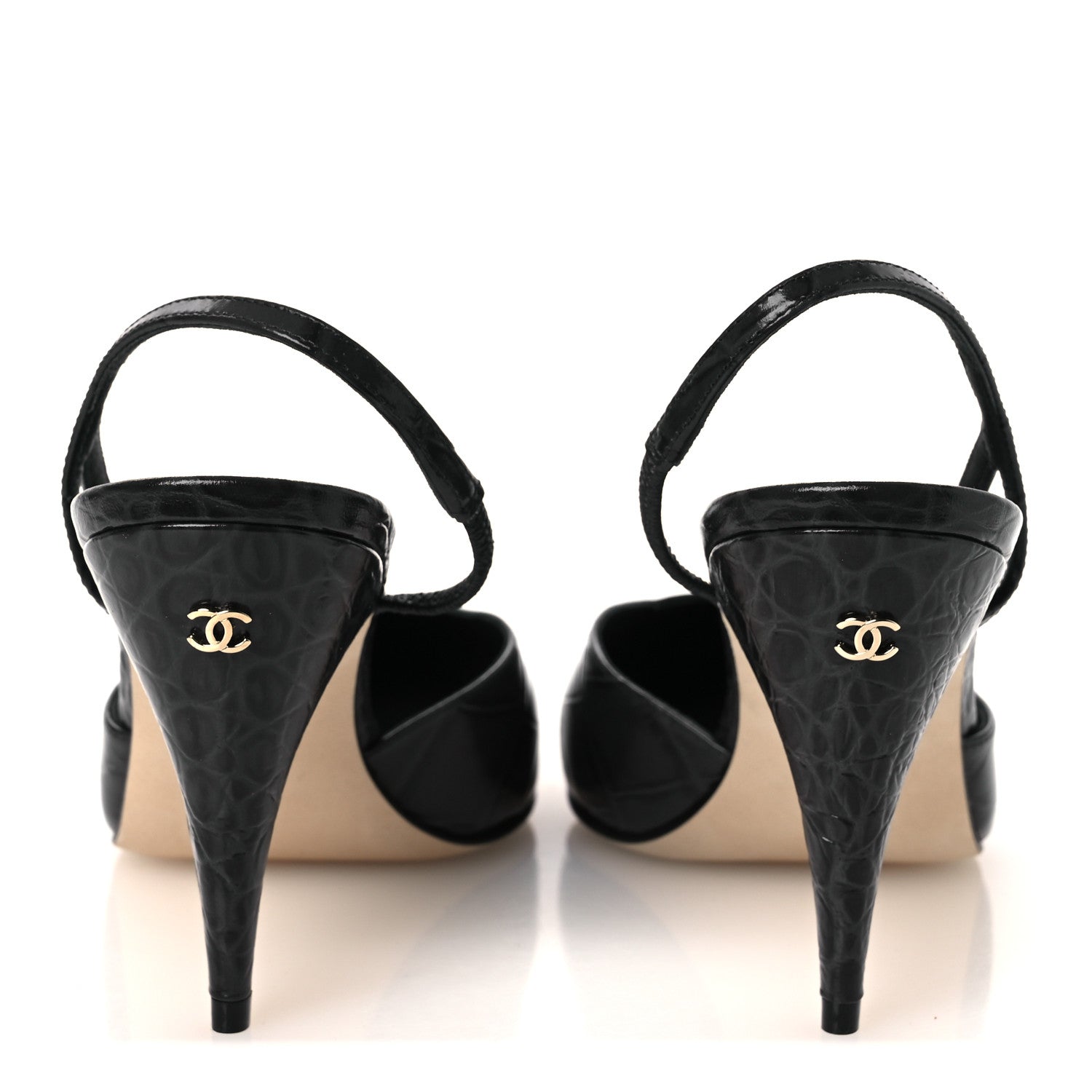 Chanel Patent Calfskin Crocodile Embossed Cap Toe CC Slingback Pumps 38.5 Dark Grey White 6 of 11