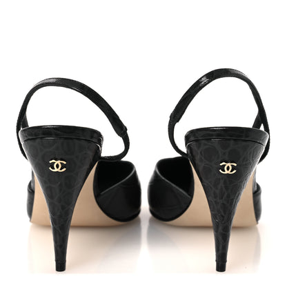 Chanel Patent Calfskin Crocodile Embossed Cap Toe CC Slingback Pumps 38.5 Dark Grey White 6 of 11