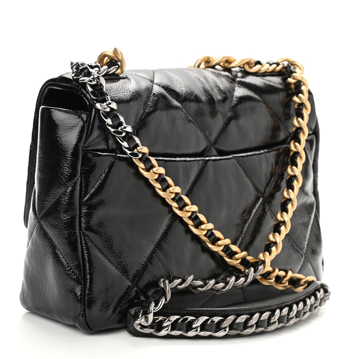 Shiny Crumpled Calfskin Quilted Large Chanel 19 Flap Black