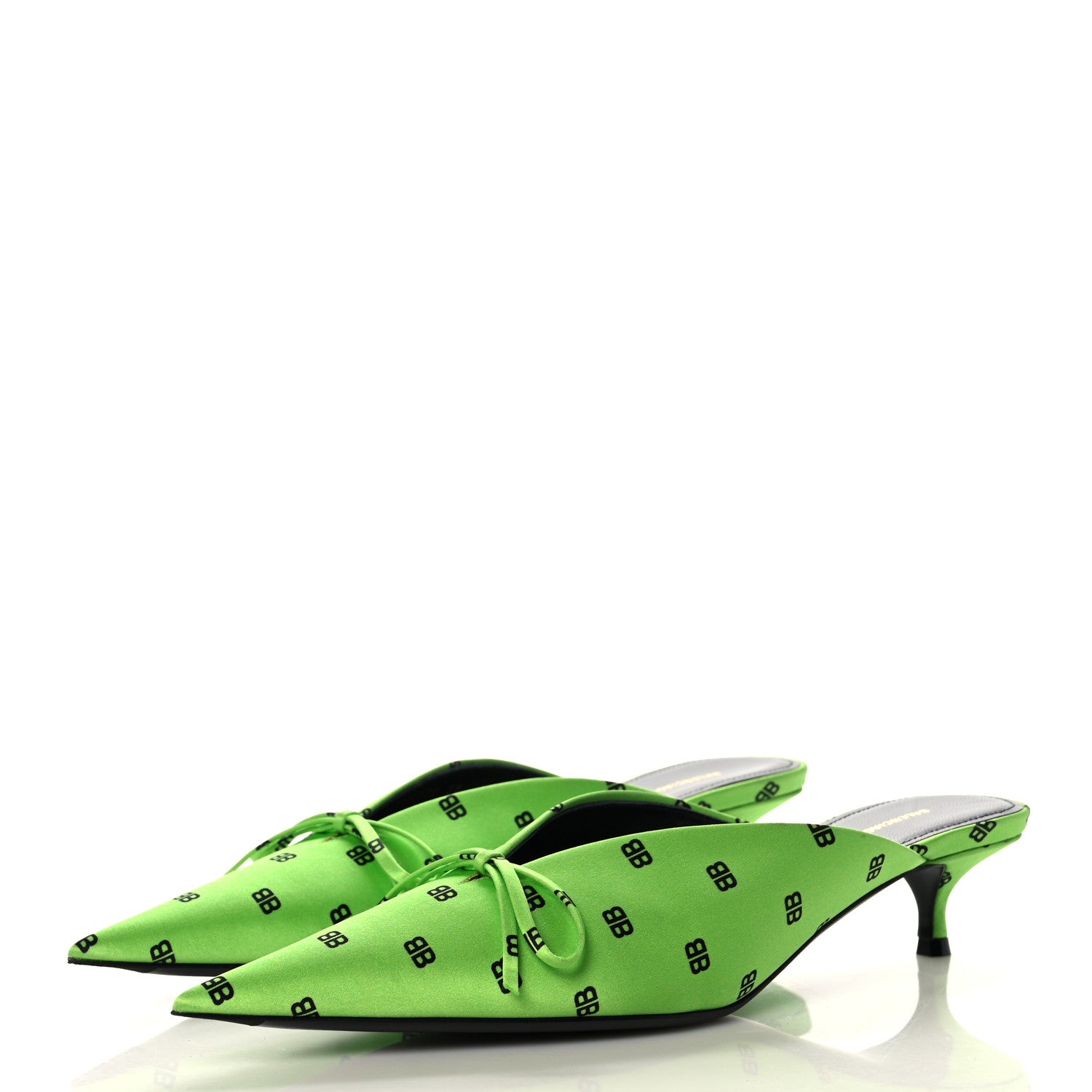 Balenciaga Crepe Satin BB Printed Knife Pointed Toe 40mm Mules 38 Green Fluo Black 3 of 11