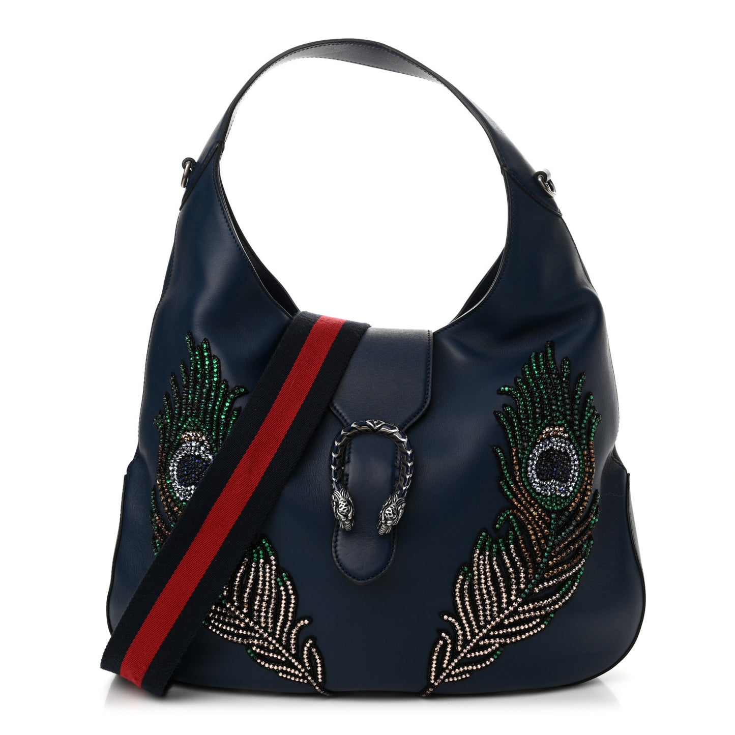 Calfskin Crystal Feather Embroidered Large Dionysus Hobo Dark Blue