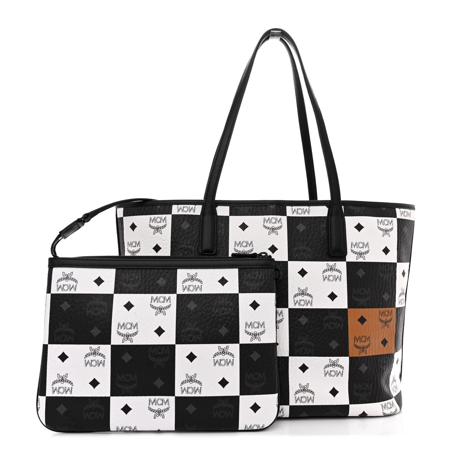 MCM Checkerboard Visetos Medium Aren Shopper Tote Black White 3 of 14