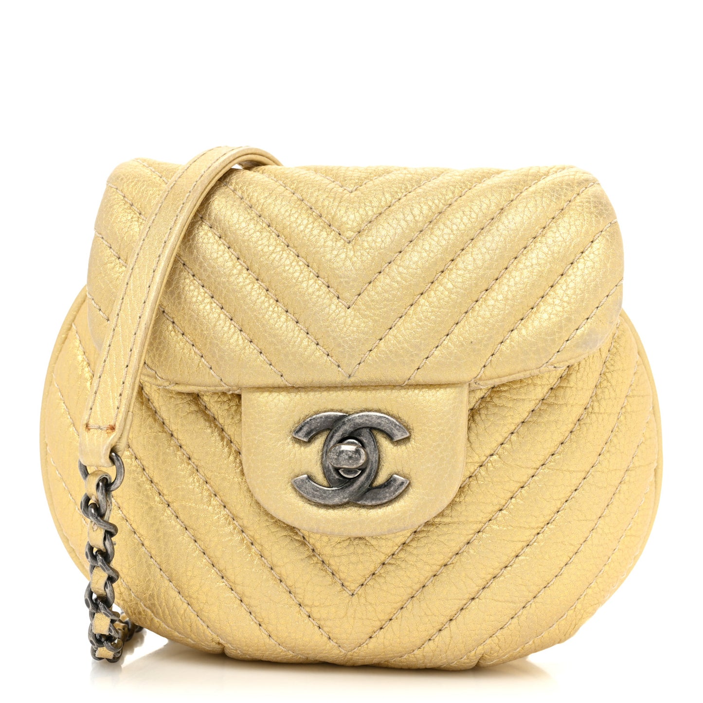 Metallic Aged Calfskin Chevron Small Bubble CC Flap Gold