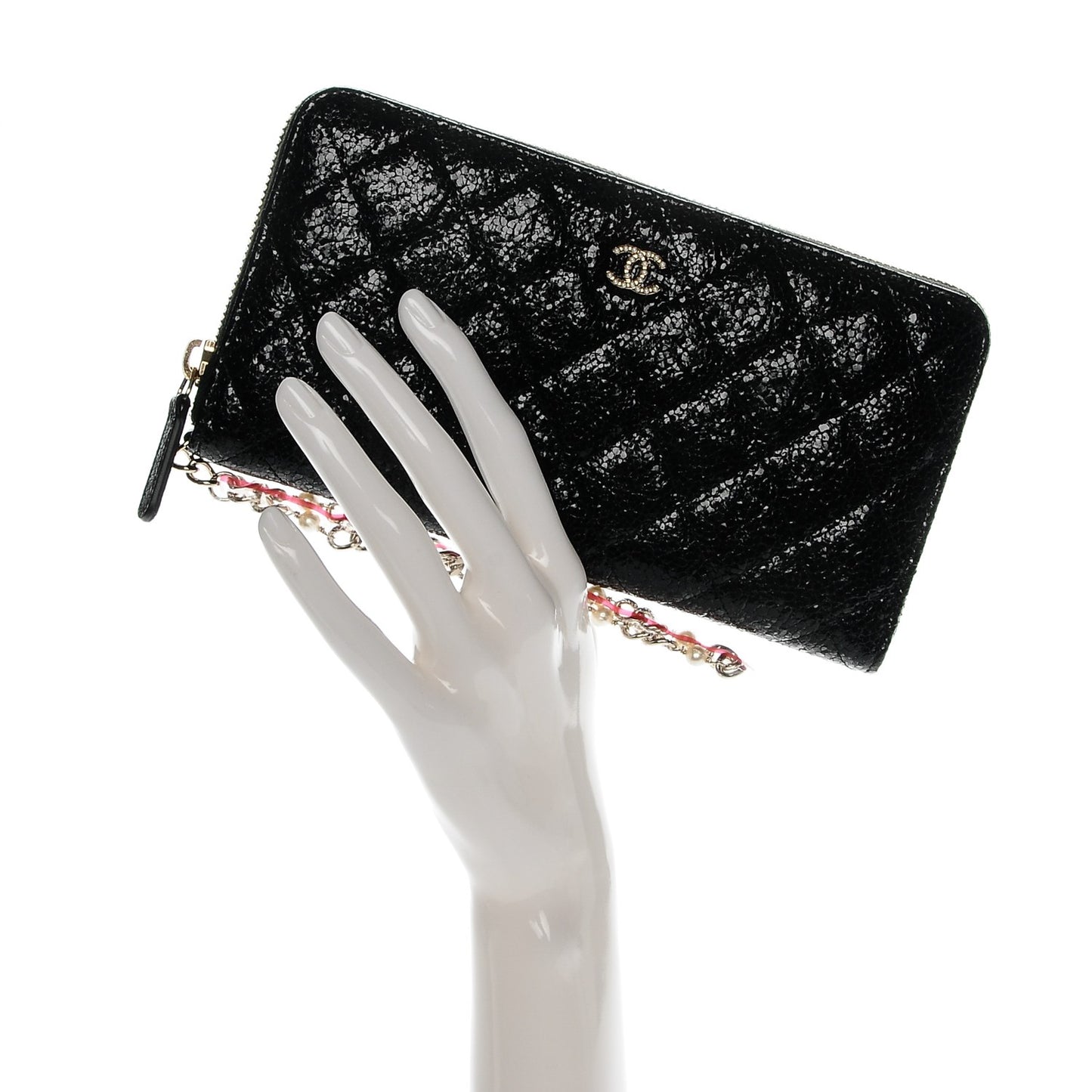 Crackled Patent Calfskin Zip Around Large Gusset Wallet With Pearl Chain Black