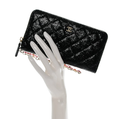 Chanel Crackled Patent Calfskin Zip Around Large Gusset Wallet With Pearl Chain Black 2 of 11