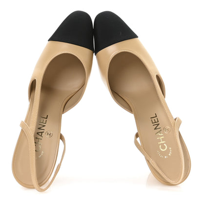 Chanel Goatskin Grosgrain Cap Toe CC Slingback Pumps 40 Beige Black 2 of 9