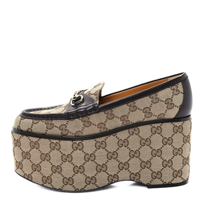 Gucci Canvas GG Monogram Horsebit Calfskin Womens Horsebit Platform Loafers 37 Beige Ebony 1 of 10