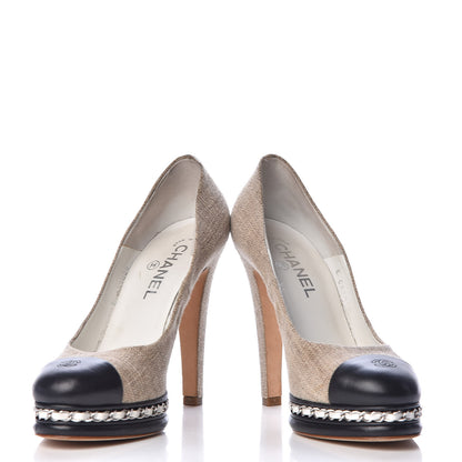 Chanel Linen Lambskin CC Chain Cap Toe Platform Pumps 40 Beige Fonce Black 5 of 11