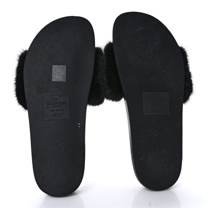Valentino Garavani Mink Fur Rockstud Slide Sandals 37.5 Black 5 of 8