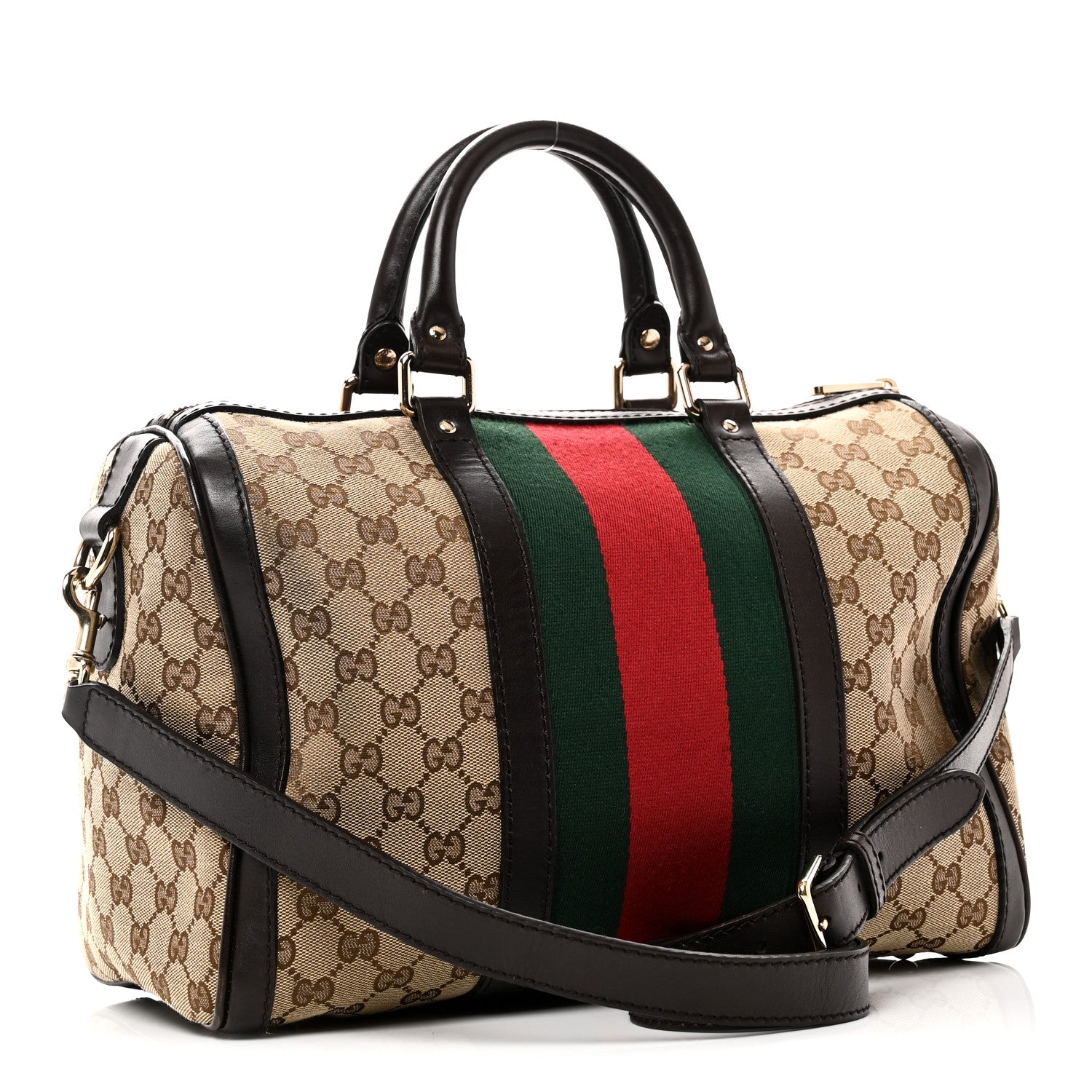 Gucci Monogram Selleria Calfskin Vintage Web Medium Boston Beige Ebony Cocoa 3 of 10