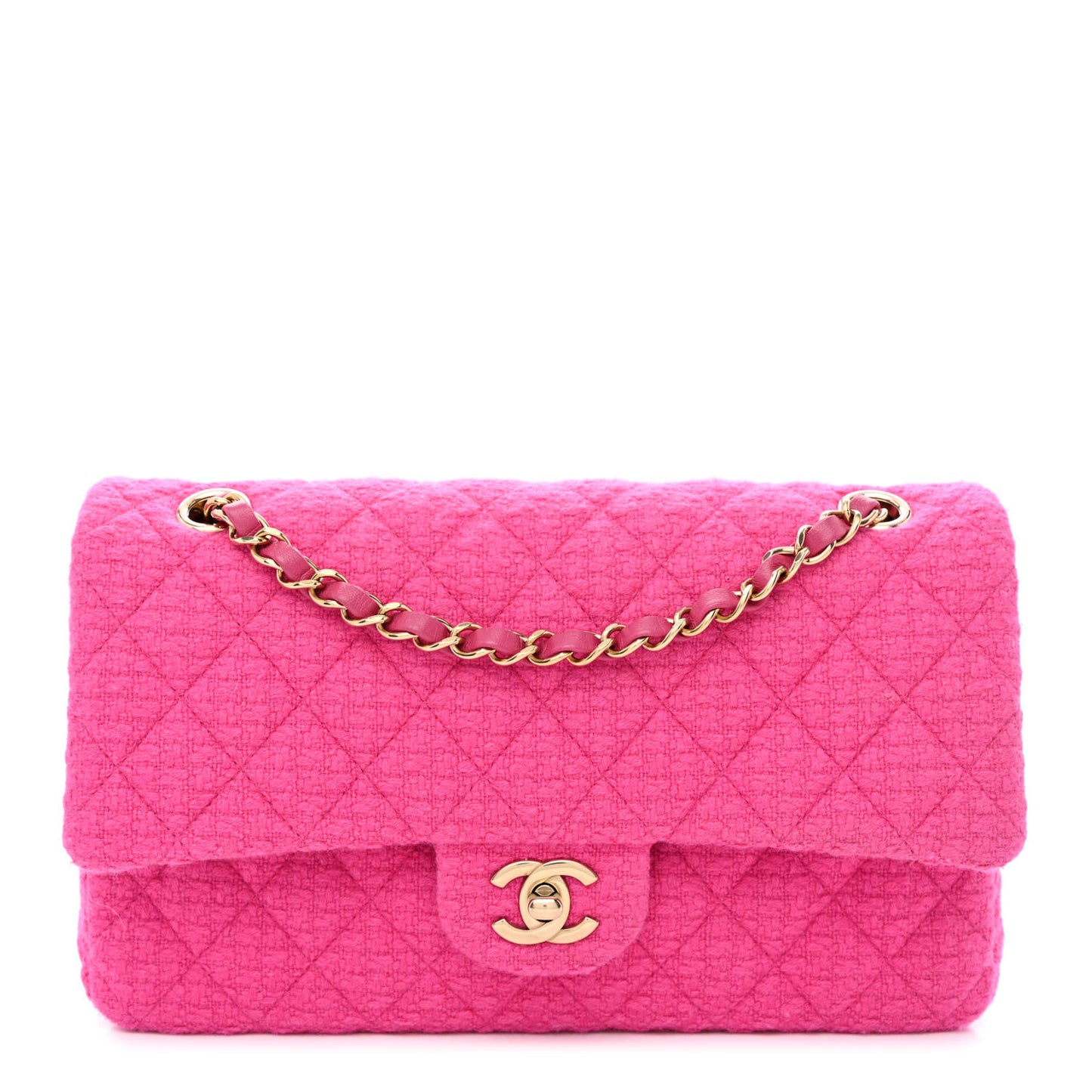 Tweed Quilted Medium Double Flap Fuchsia