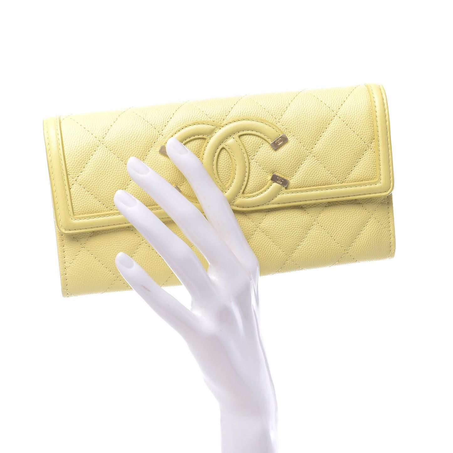 Caviar Quilted Large Filigree Gusset Flap Wallet Yellow