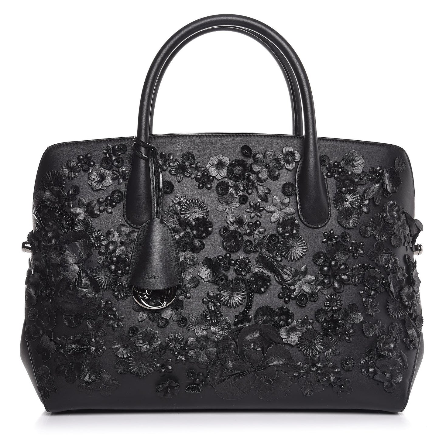 Calfskin Floral Applique Bar Tote Black