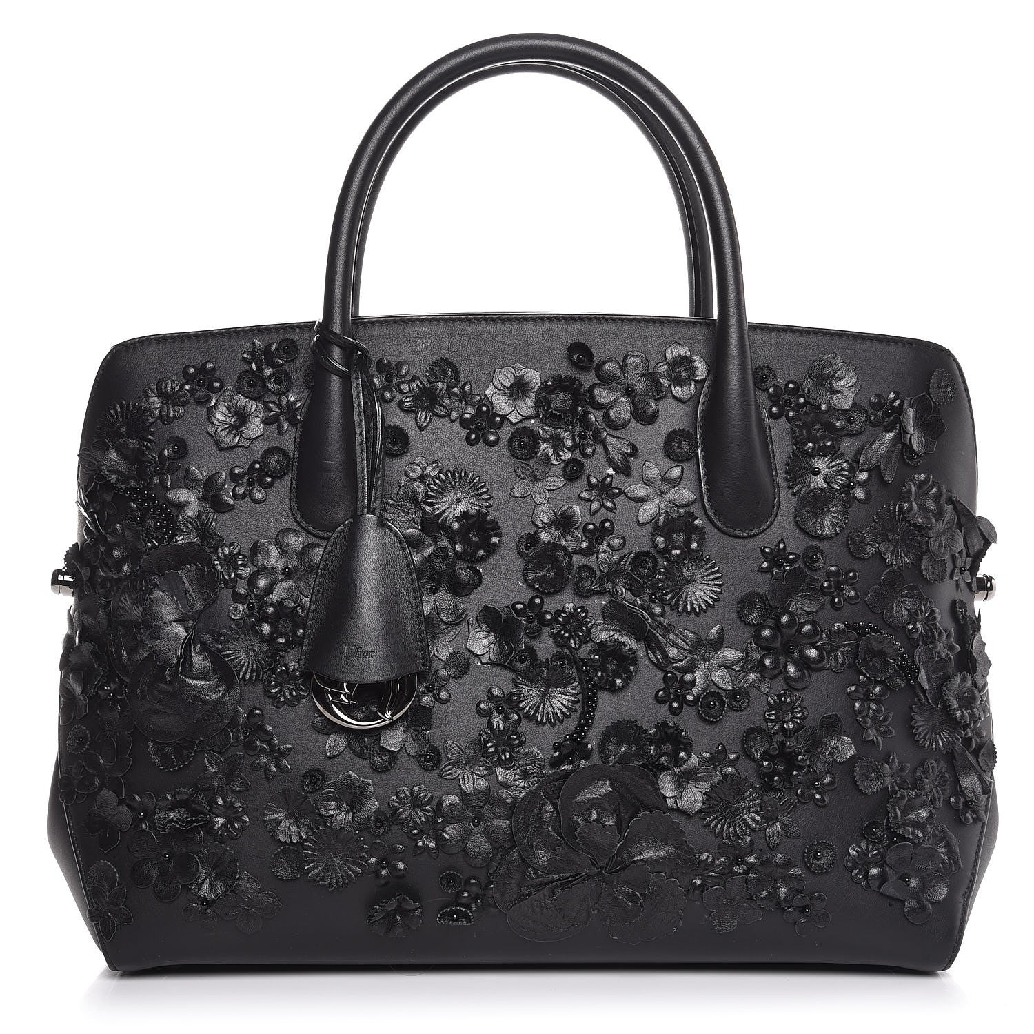 Christian Dior Calfskin Floral Applique Bar Tote Black 1 of 8