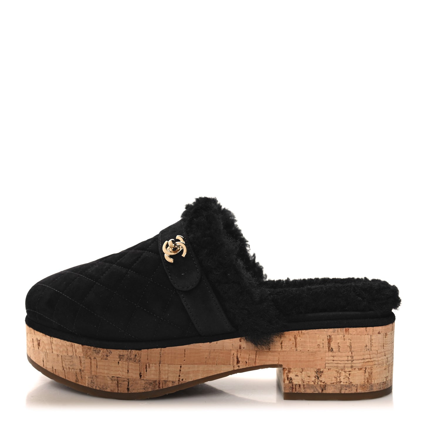 Suede Calfskin Shearling Turn Lock Clogs 39 Black