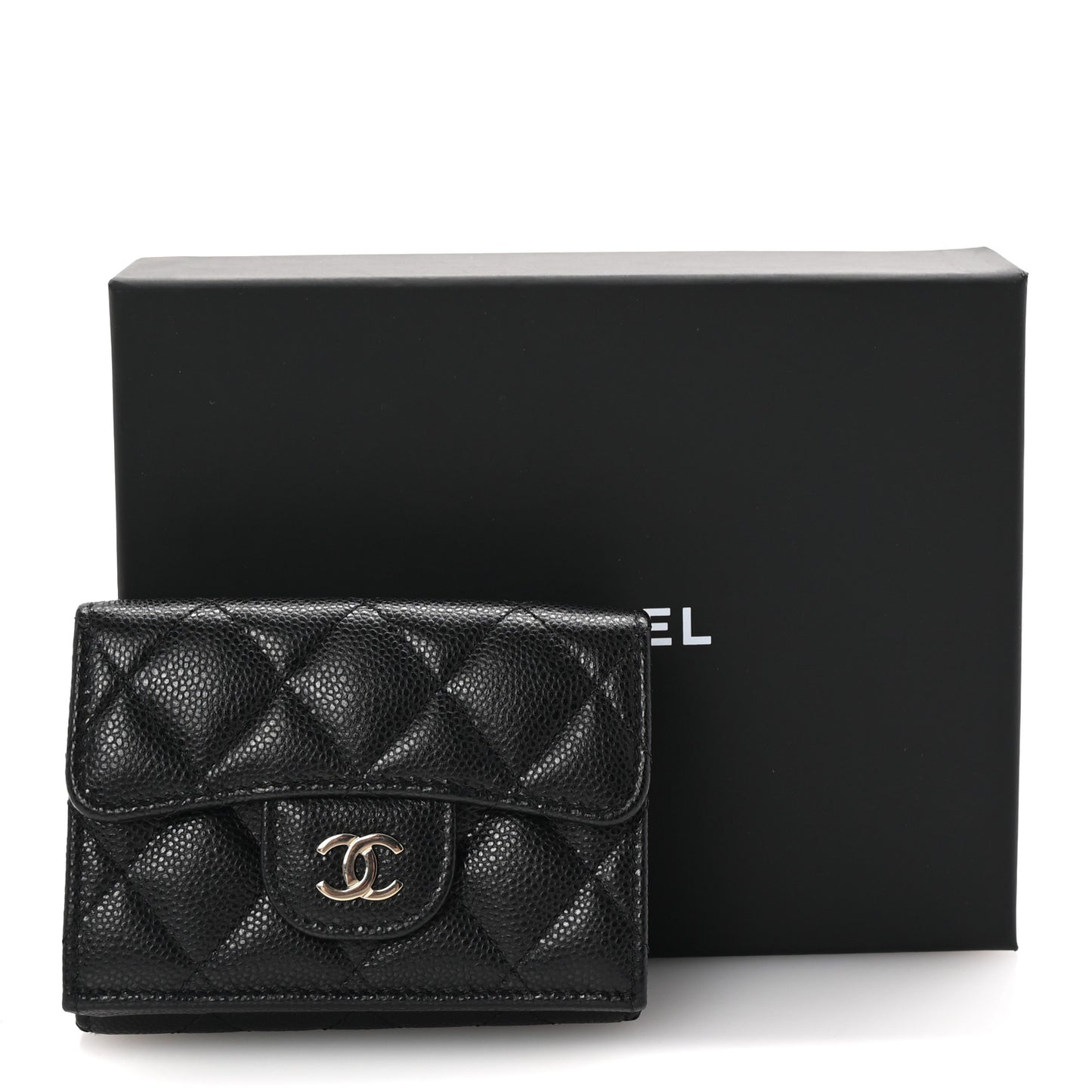 Caviar Quilted Tri-Fold Flap Wallet Black