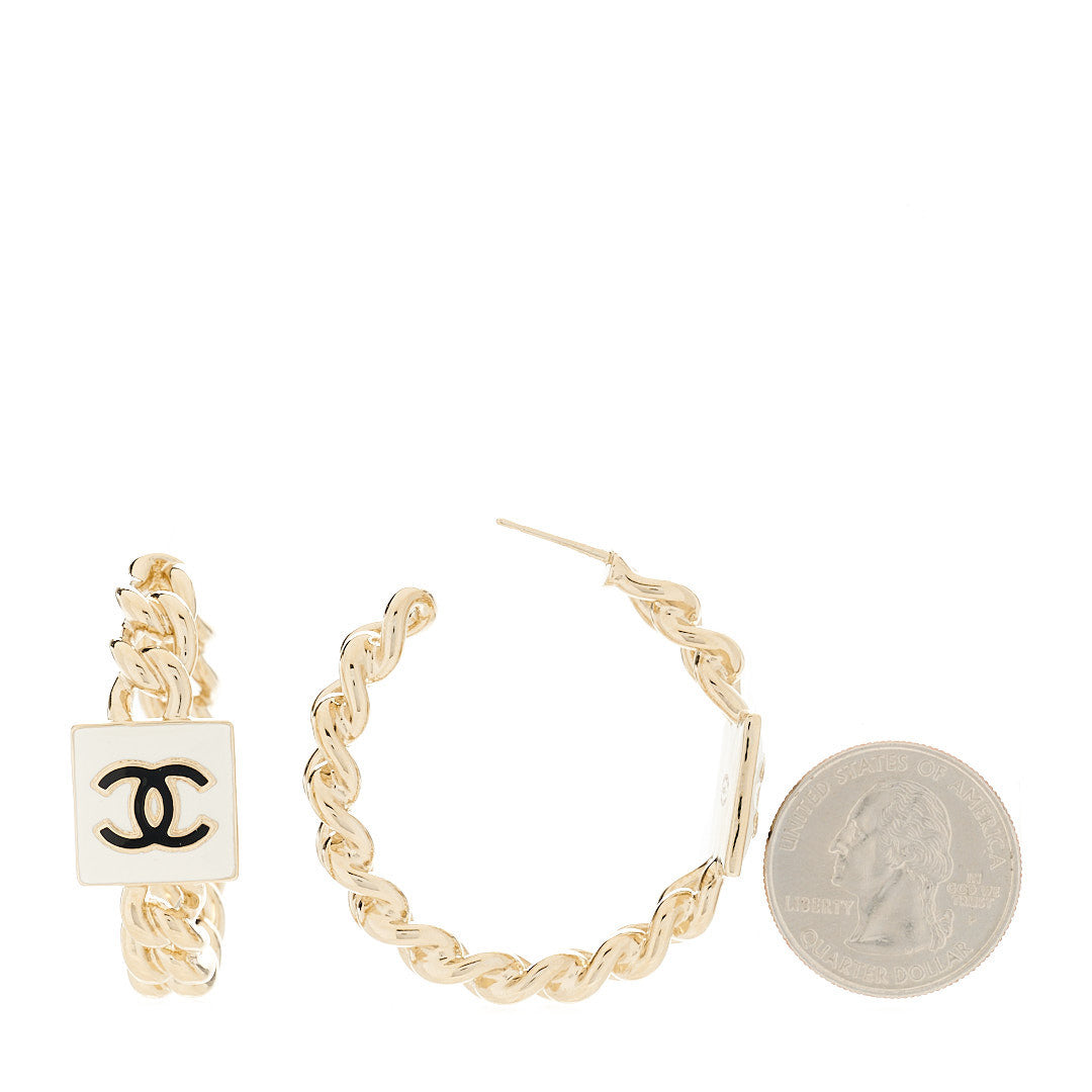 Chanel Metal Enamel CC Square Chain Hoop Earrings Gold White 2 of 5