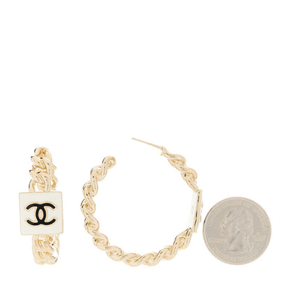 Chanel Metal Enamel CC Square Chain Hoop Earrings Gold White 2 of 5