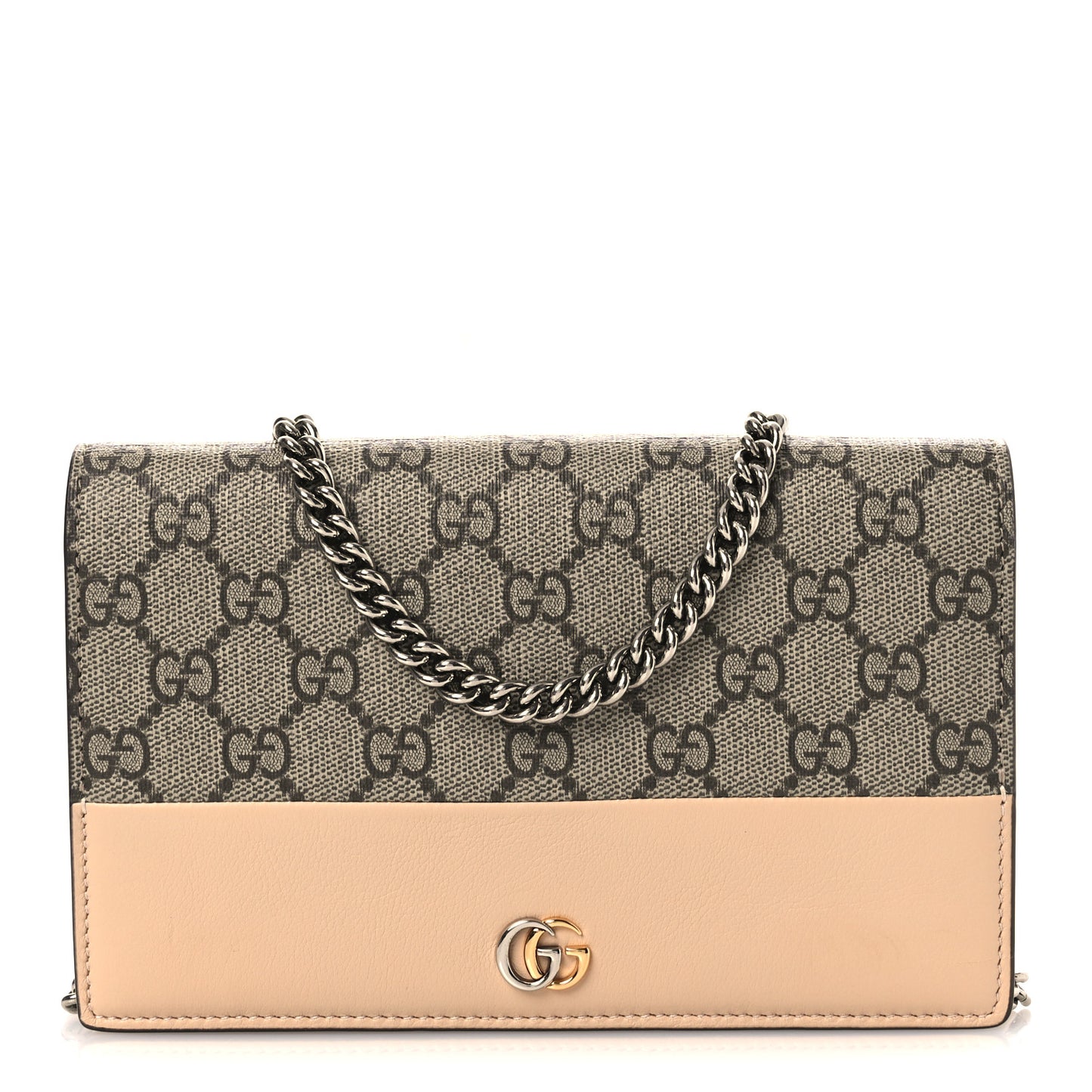GG Supreme Monogram Textured Dollar Calfskin Mini GG Marmont Chain Wallet Souffle Rose
