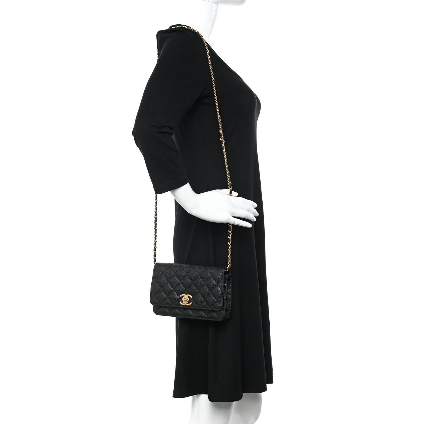 Caviar Quilted Camellia Wallet On Chain WOC Black