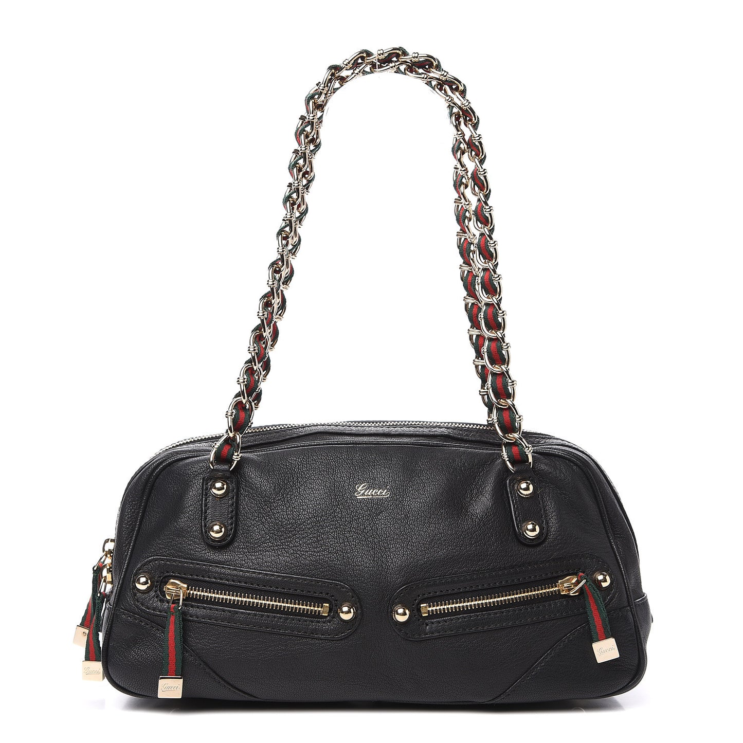 Pebbled Calfskin Chain Web Shoulder Bag Black