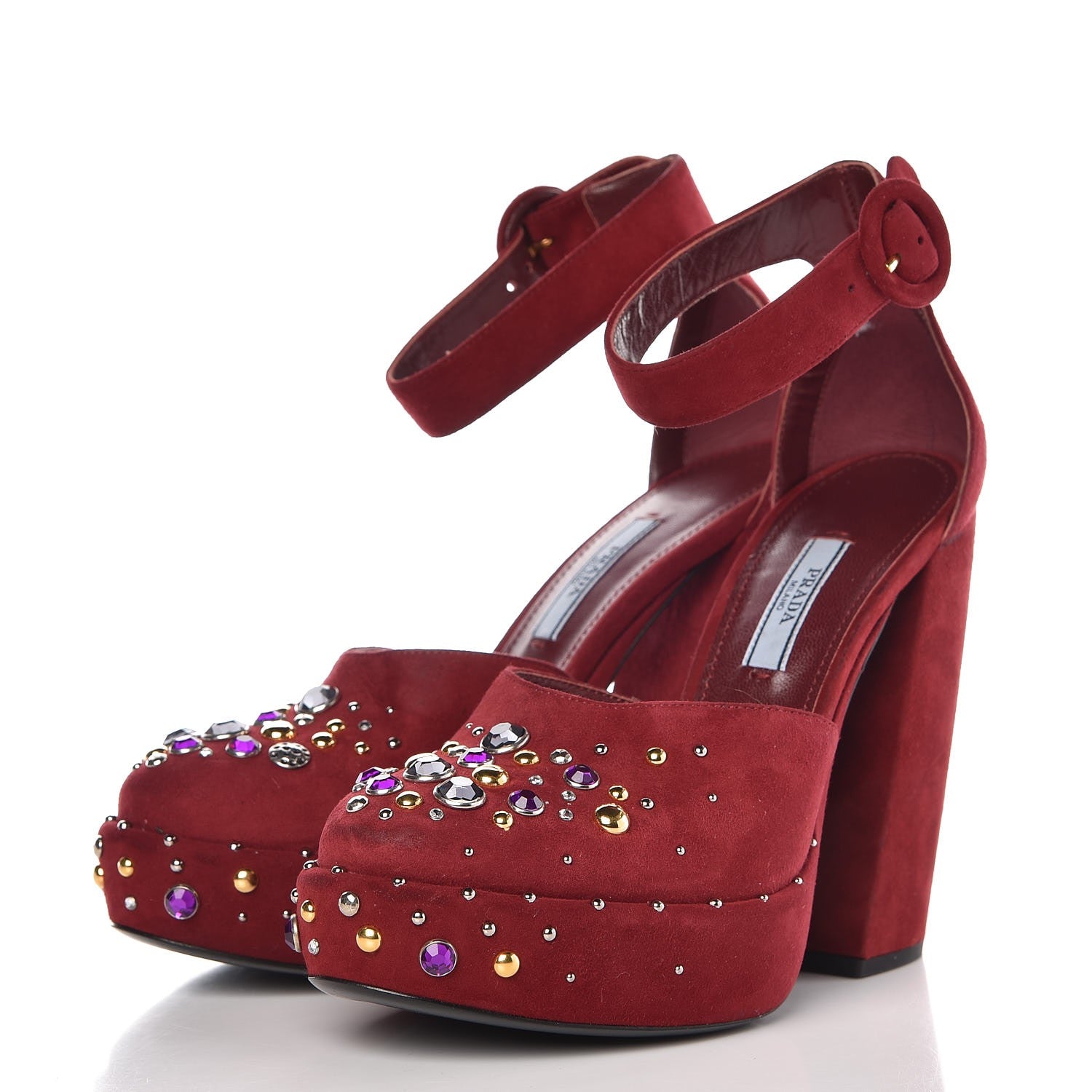 Prada Suede Crystal Embellished Platform Sandals 37.5 Burgundy 3 of 10