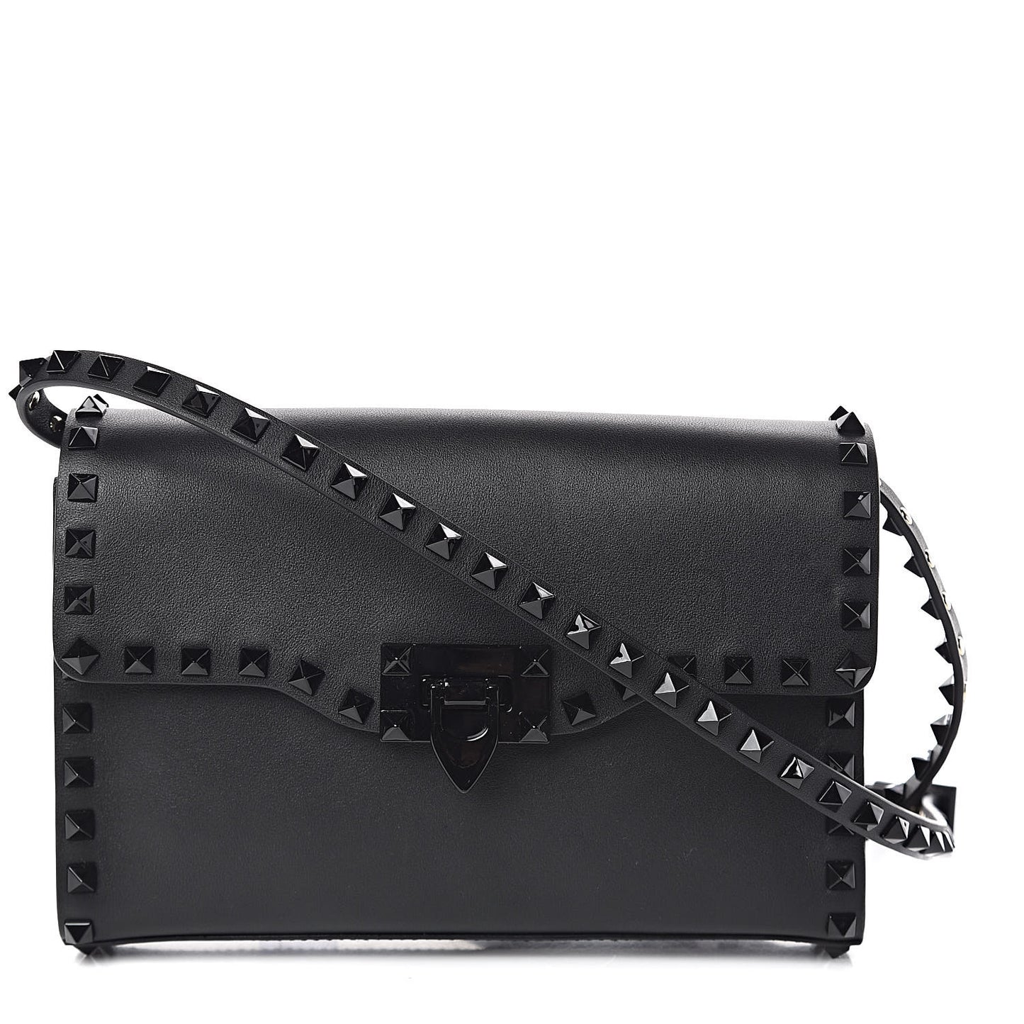 Vitello Monochrome Medium Rockstud Flip Lock Crossbody Bag Black