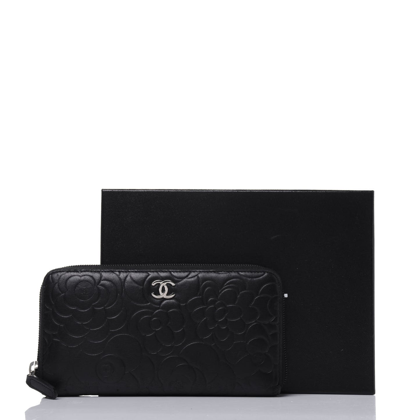 Lambskin Camellia Embossed Large Zip Around Gusset Wallet Black