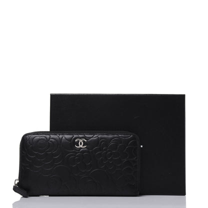 Chanel Lambskin Camellia Embossed Large Zip Around Gusset Wallet Black 19 of 19