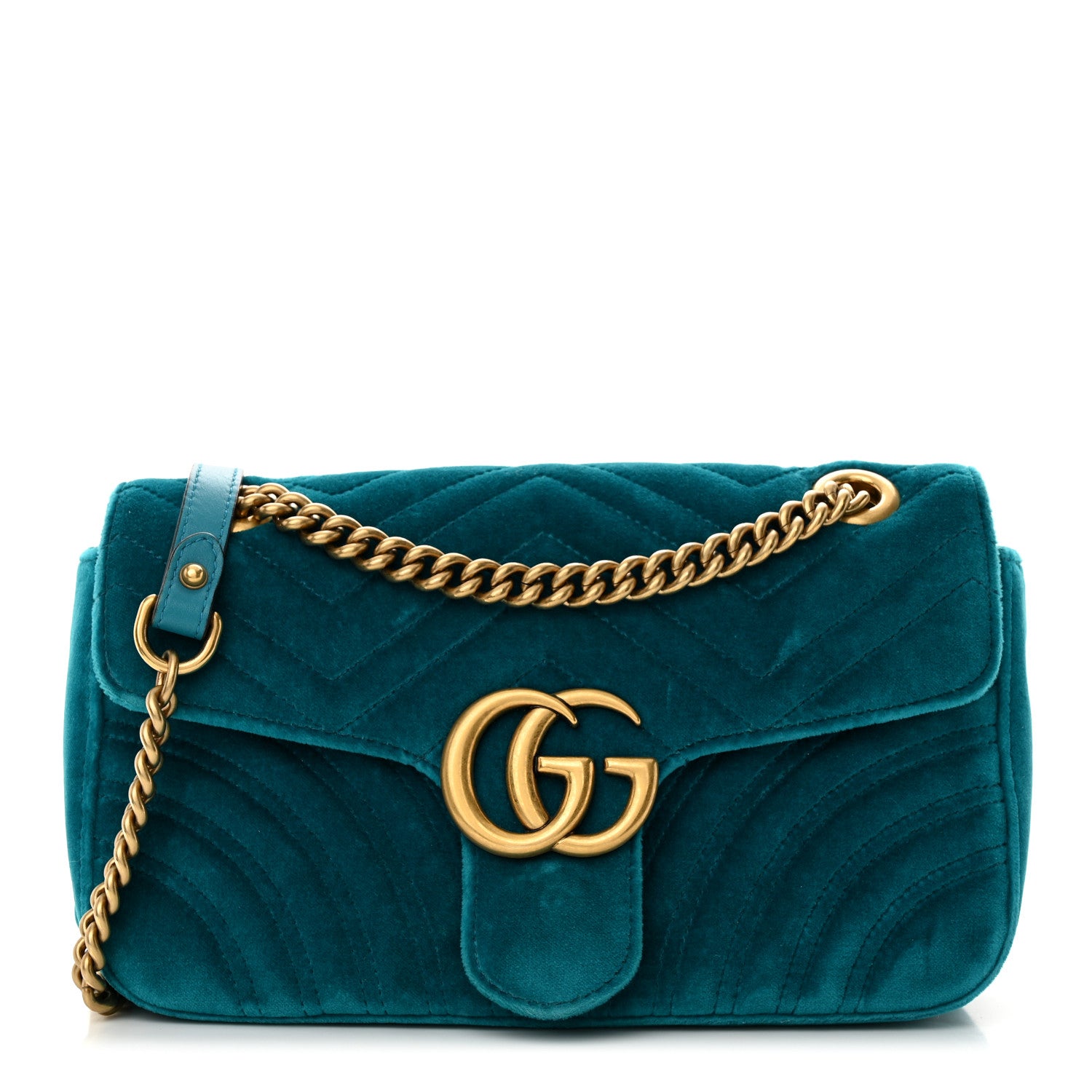 Gucci Velvet Matelasse Small GG Marmont Shoulder Bag Pavone Cyan 1 of 12