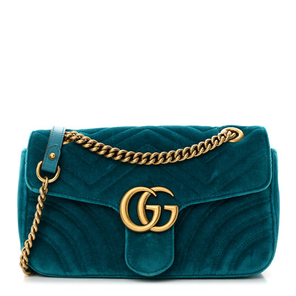 Gucci Velvet Matelasse Small GG Marmont Shoulder Bag Pavone Cyan 1 of 12