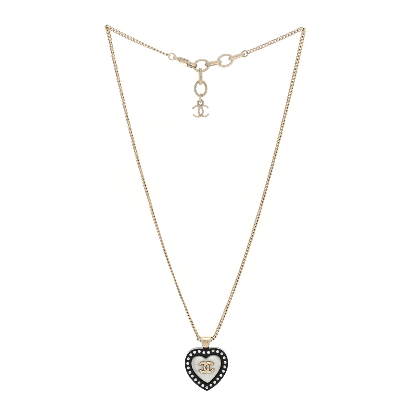 Pearl Crystal CC Heart Necklace Gold Pearly White Black