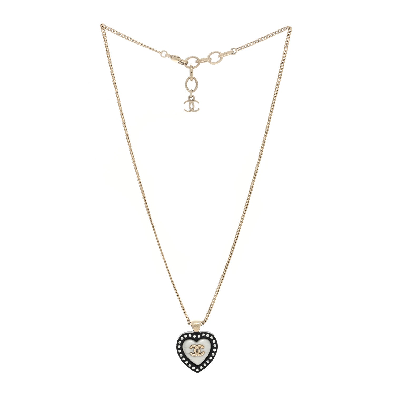 Chanel Pearl Crystal CC Heart Necklace Gold Pearly White Black 3 of 4
