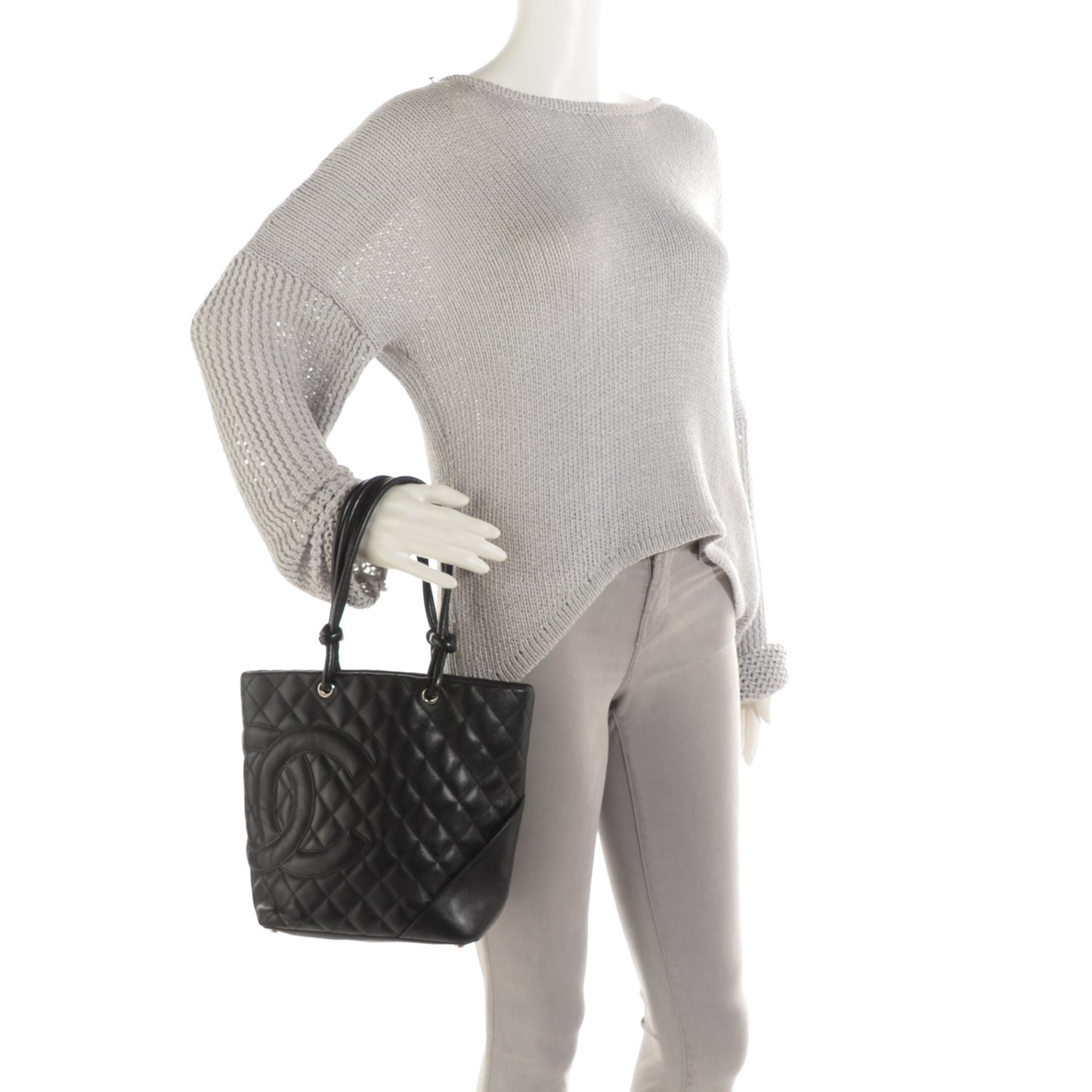 Calfskin Quilted Medium Cambon Tote Black
