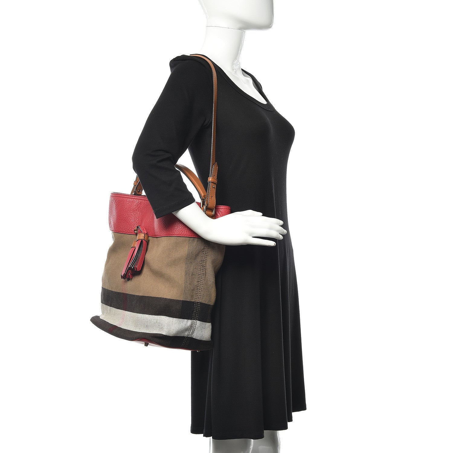 Burberry Grainy Calfskin Canvas Mega Check Medium Ashby Tassel Hobo Pink Azalea 2 of 9