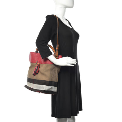 Burberry Grainy Calfskin Canvas Mega Check Medium Ashby Tassel Hobo Pink Azalea 2 of 9