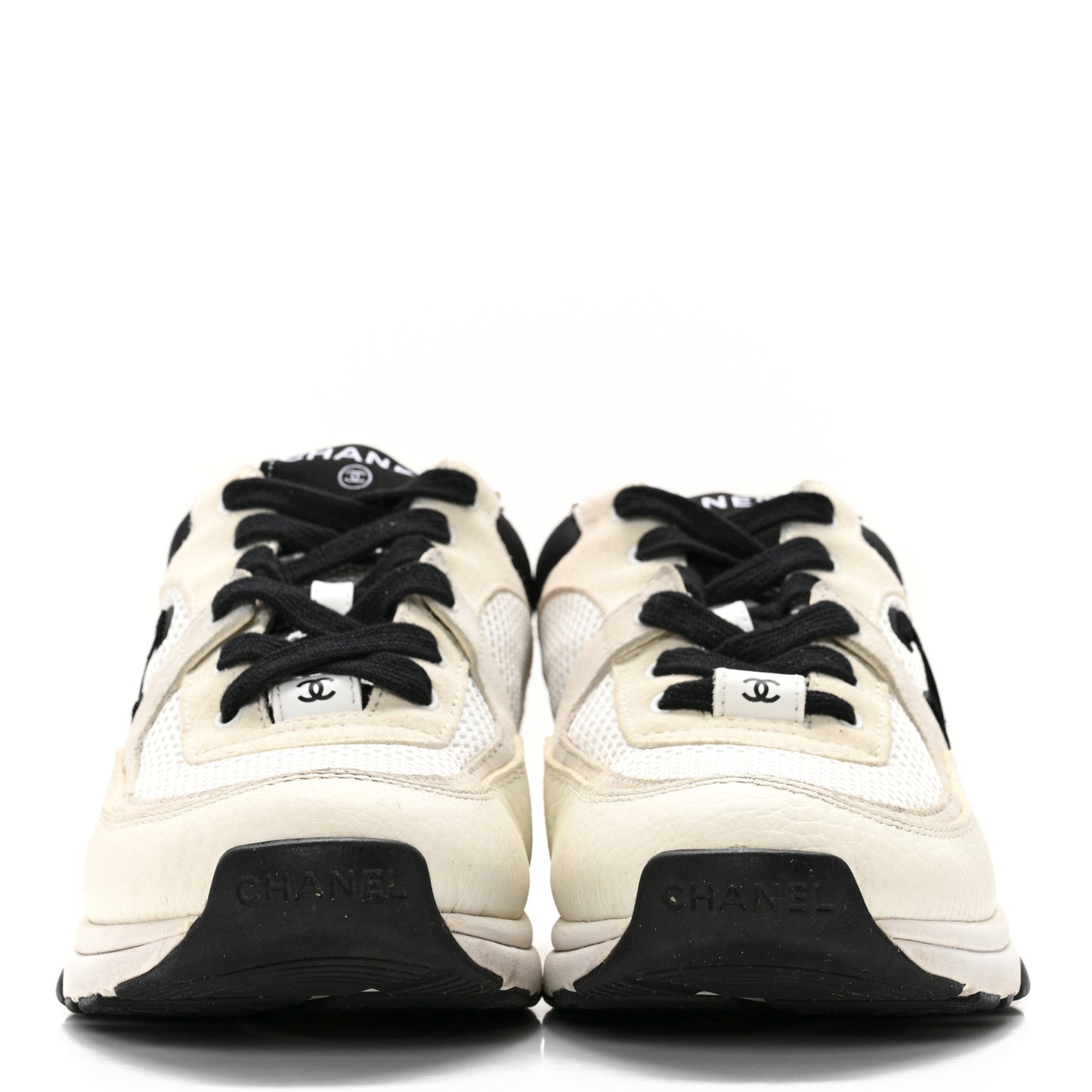 Mesh Suede Grained Calfskin Womens CC Sneakers 37.5 White Black