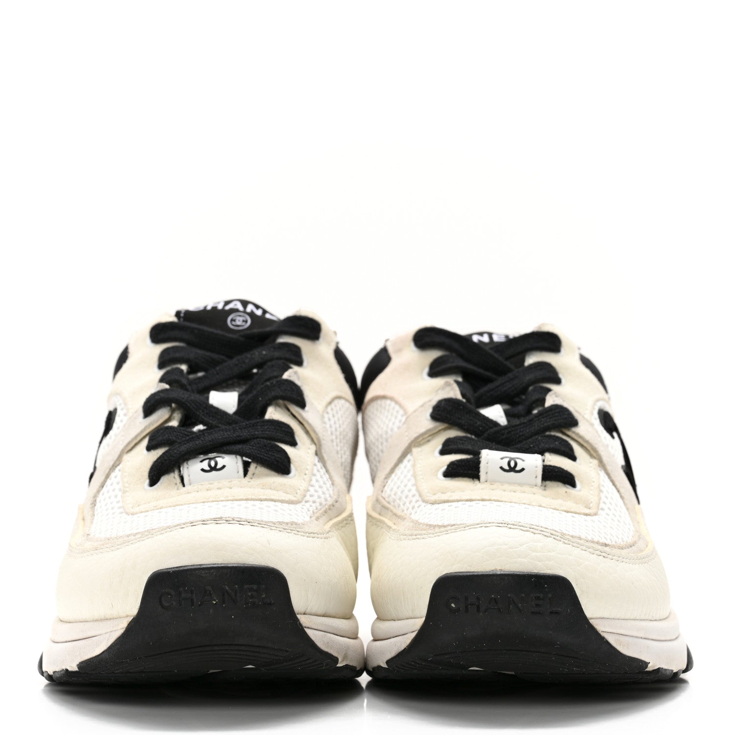 Chanel Mesh Suede Grained Calfskin Womens CC Sneakers 37.5 White Black 2 of 18