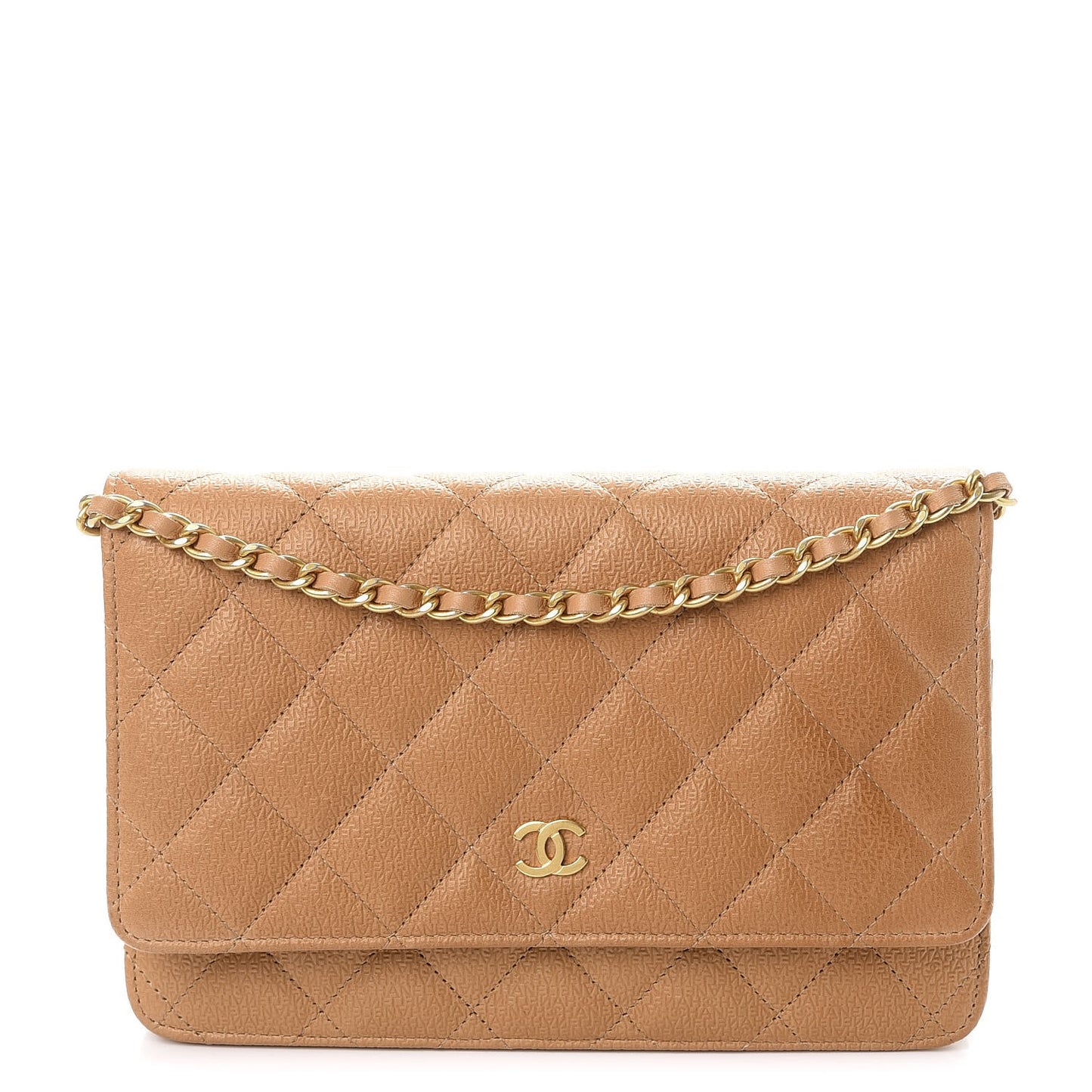 Letter Calfskin Embossed Quilted Wallet On Chain WOC Beige