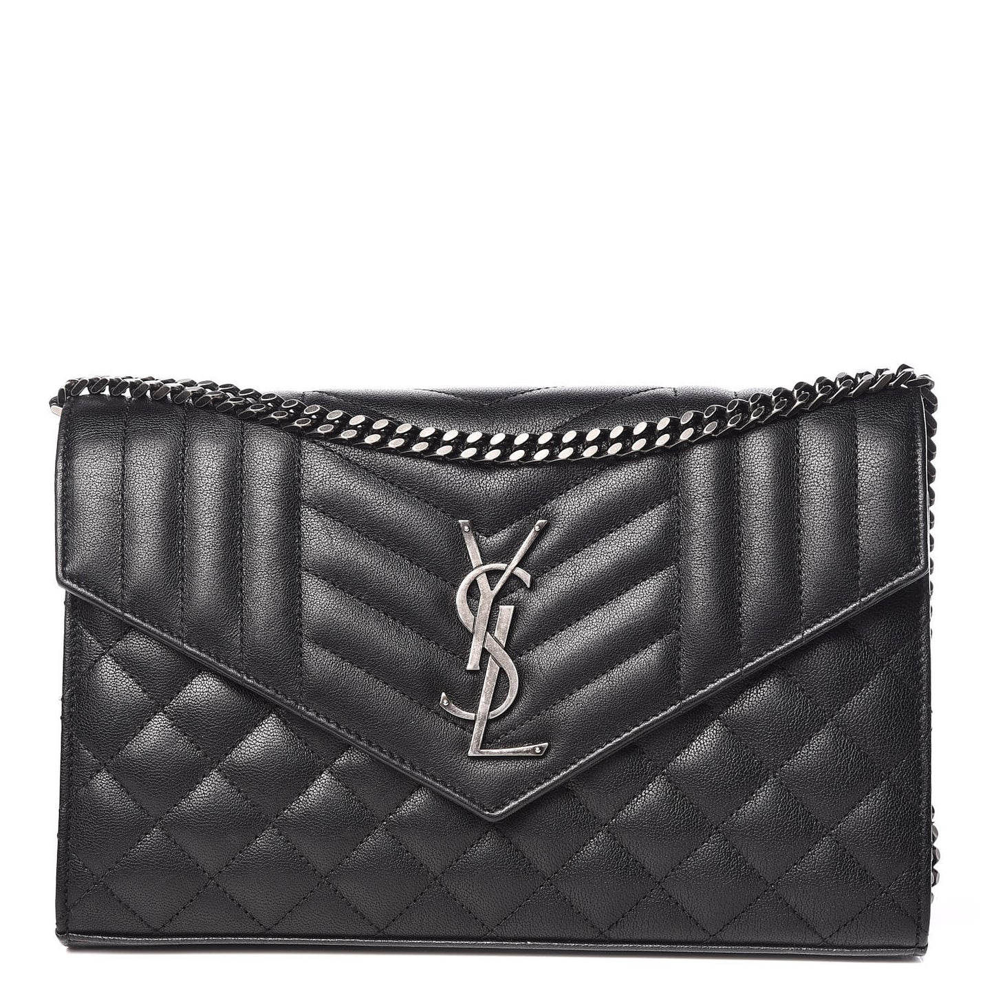 Sheepskin Tri-Quilt Monogram Envelope Chain Wallet Black