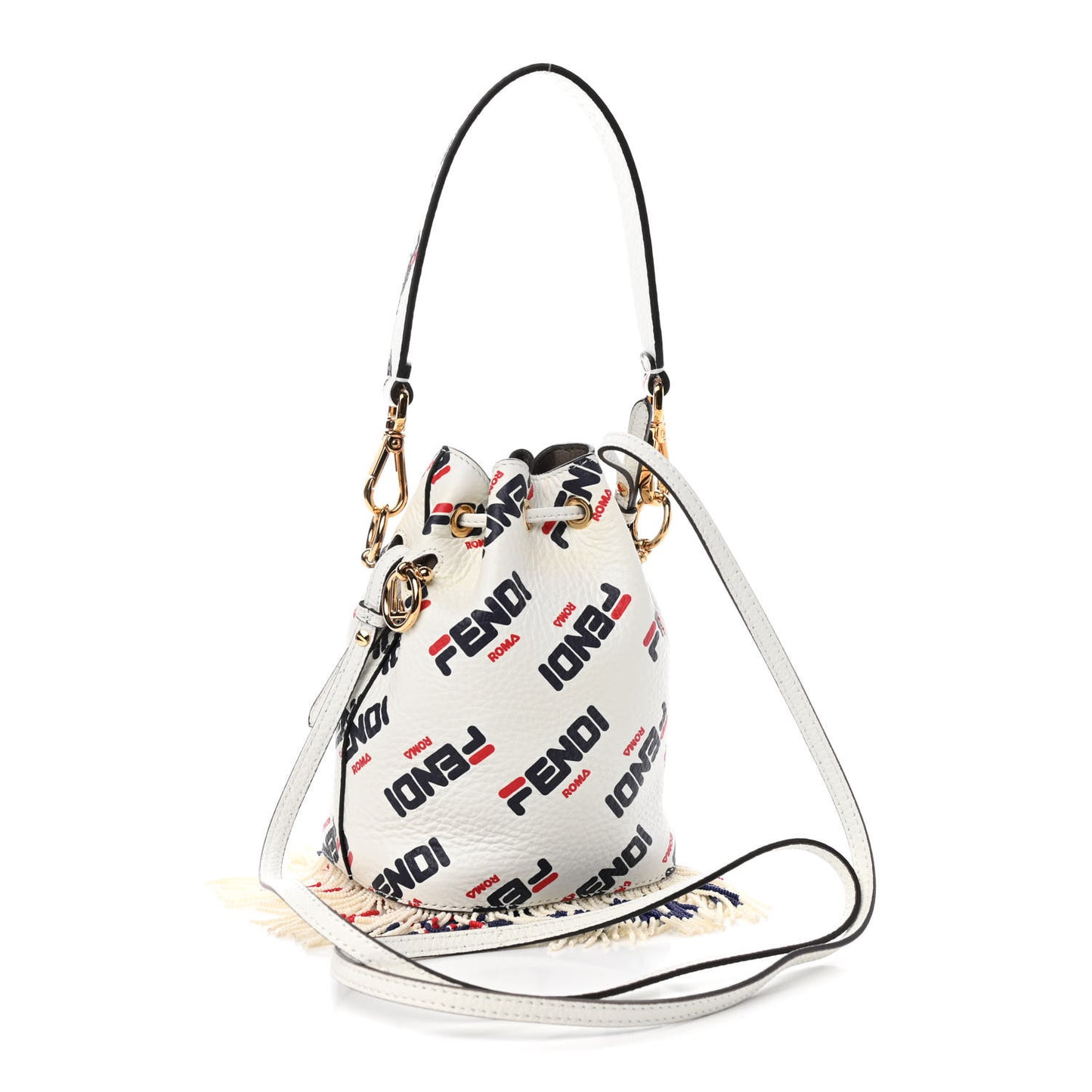 X FILA Calfskin F is Fendi Mania Fringe Mini Mon Tresor Bucket Bag White